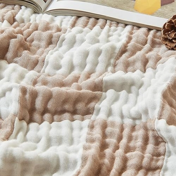 EMME Checkered Throw Blanket Cooling Cotton Blanket of Rayon Derived from Bamboo for Couch Soft Muslin Blankets 50"x60" Lightweight Breathable Soft Blanket All Season Gauze Blanket, Light Tan - Throw - 16 - Checkered Light Tan