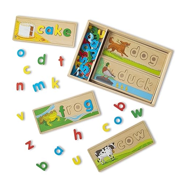Melissa & Doug See & Spell Wooden Educational Toy With 8 Double-Sided Spelling Boards and 64 Letters Preschool Learning Activities, See & Spell Learning Toys For Kids Ages 4+