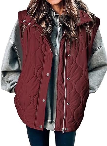 EVALESS Cropped Puffer Vest Women Lightweight Quilted Stand Collar Sleeveless Jackets Fall Spring 2025 Button Zip Up Coat - Large - B Red
