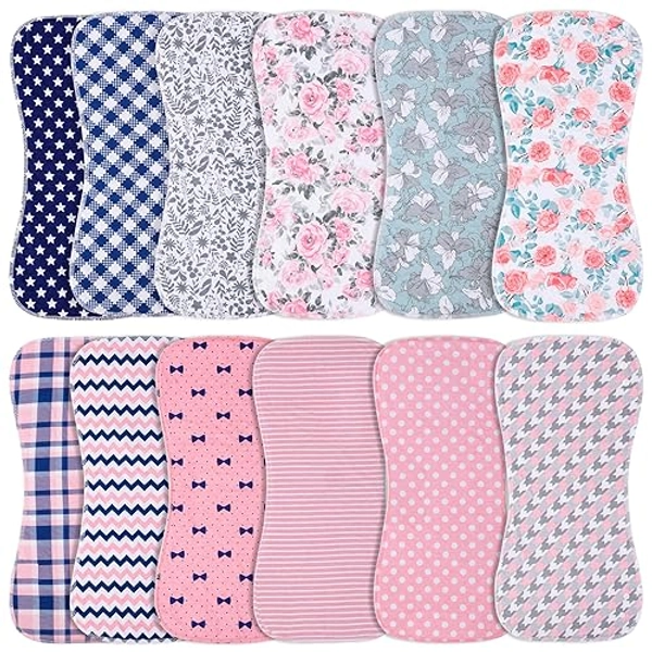 Benoxine Baby Burp Cloths with Snap Large Size 3 Layers Thicken 100% Cotton Super Absorbent and Soft Baby Spit Up Burping Rags Baby Burp Cloth Set for Girls 12 Pack - F
