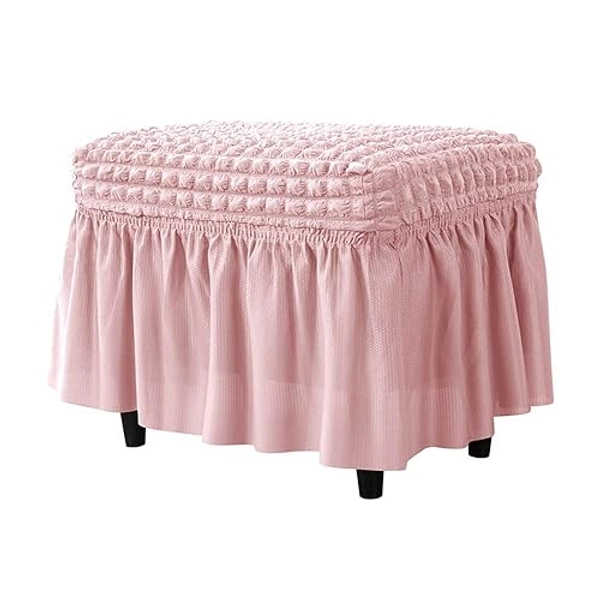 GAWEKIQE High Stretch Seersucker Fabric Ottoman Slipcovers Footstool Cover with Skirt Rectangle Modern Furniture Protector for Home Decor Bedroom Living Room Balcony (Pink) - Pink
