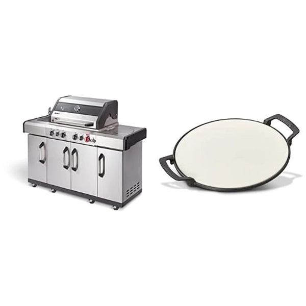 Enders Gasgrill Kansas II Pro 4 SIK Profi Turbo, Silber & SWITCH GRID Pizzastein, Halter aus Gusseisen, für Enders® Gasgrill mit Rost-in-Rost System, Grill-Rost-Zubehör, Enders® Gasgrills MONROE #7790 - Kansas Pro II 4 SIK - Bundle mit Pizzastein
