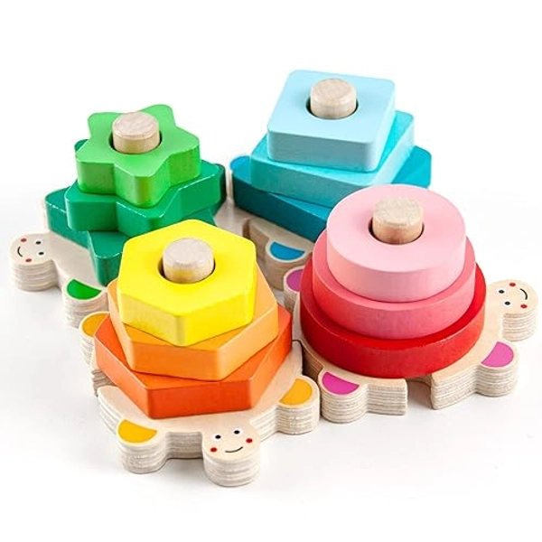 WOOD CITY Stacking Toys for Toddlers 1-3, Montessori Shape Sorter Baby Toys 12-18 Months, Wooden Block Educational Puzzle Toys for Boys Girls 1 2 3 4 Year Old Preschool Learning Gifts - turtle