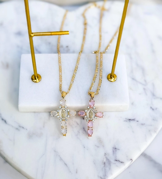 Virgen de Guadalupe diamond cross necklace, pink diamonds