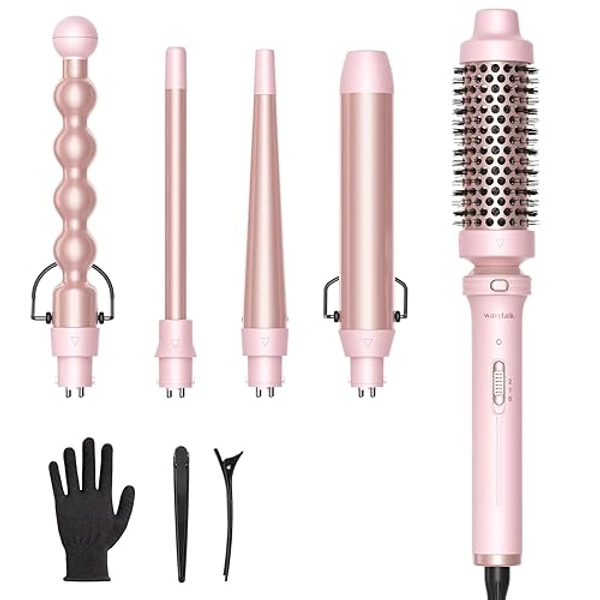 Wavytalk 5 in 1 Curling Iron,Curling Wand Set with Curling Brush and 4 Interchangeable Ceramic Curling Wand(0.5”-1.25”),Instant Heat Up,Include Heat Protective Glove & 2 Clips (Pink) - Pink - Curling Wand （0.5"-1.25" ）