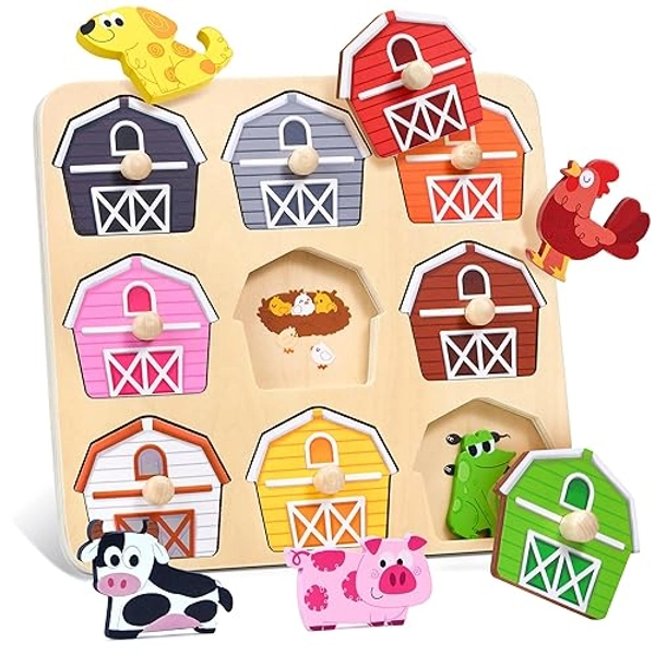 JoyCat Wooden Puzzles for Toddlers 1-3, Montessori Toys for 1 2 Year Old Boy Girl Birthday Easter Gifts, Animal Match Farm Peg Puzzles, Preschool Learning Toys for Toddlers Age 1-2