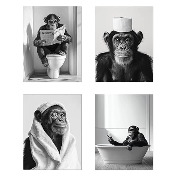 JIMUJIA 4-Piece Black-and-White Monkey Wall Art Set – Monkeys on Toilet Series in Bathroom, Unique Animal Art, Perfect for Living Room, Home, Office Décor(8x10inch, 4pcs, Unframed) - 4pcs-8x10inchx(Unframed) - Black-and-White Comic Monkey Wall Art Set