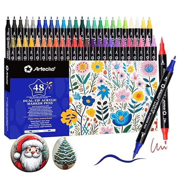Artecho 48 couleurs de feutres acryliques, 0.5-5mm Dual Tip Marker résistant à l'eau avec des extrémités doubles pour Rock Painting, verre, papier, bois, oeuf, toile, céramique, tissu, cuir, DIY - 48 couleurs(Dual Tip)