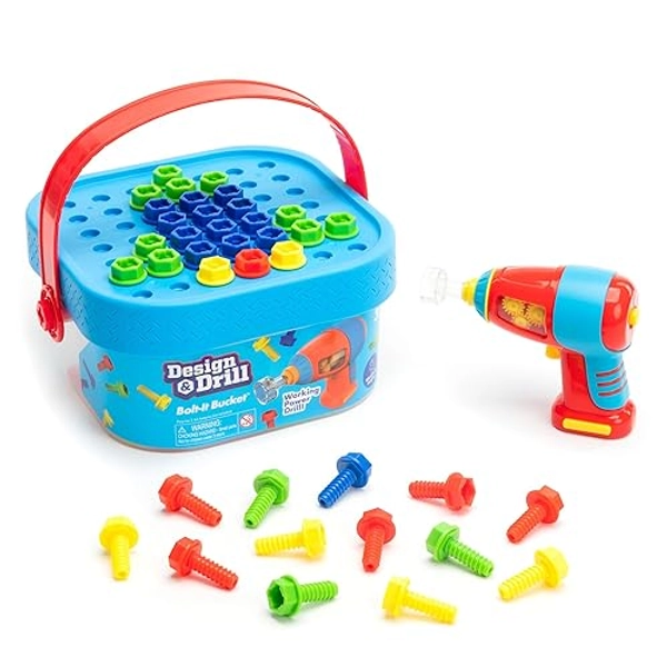 Educational Insights Design & Drill Bolt-It Bucket, Portable, Travel Friendly Drill Toy Set Medium - Bolt-It Bucket