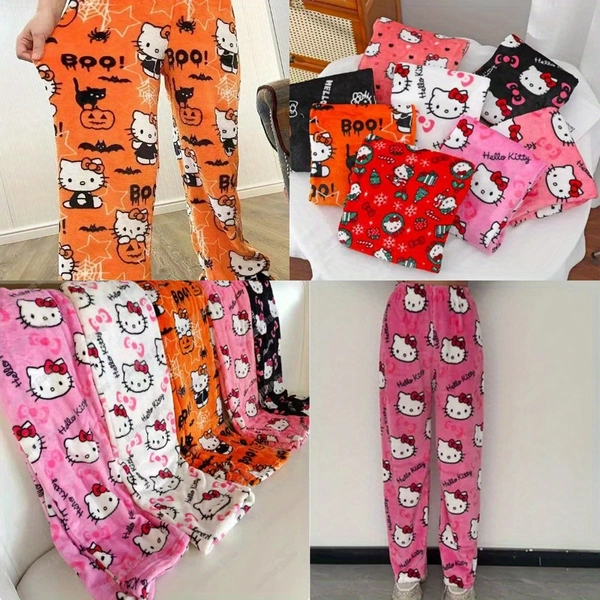 [Women's Warm Hello Kitty Pajamas] Sanrio Hello Kitty Y2k Kawaii Anime Flannel Pajamas Women'S Warm Cartoon Casual Home Pants Autumn Winter Fashion Trousers