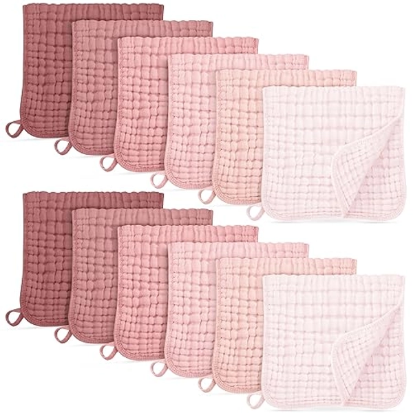 Unnivoll Muslin Burp Cloths for Baby 100% Cotton Burping Cloths for Boys Girls Large 20''X10'' Extra Soft and Absorbent 12 Pack - Gradient Pink - Gradient Pink - 12 Pack