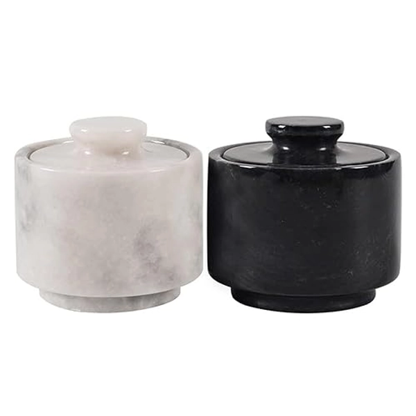 Marblous Krafts stylish marble salt cellar set, black and white, butter keeper 3" X 3" Kitchen décor for counter Mason Salt Pepper Bowls salt container salt pig pot, butter holder and tea containers - White