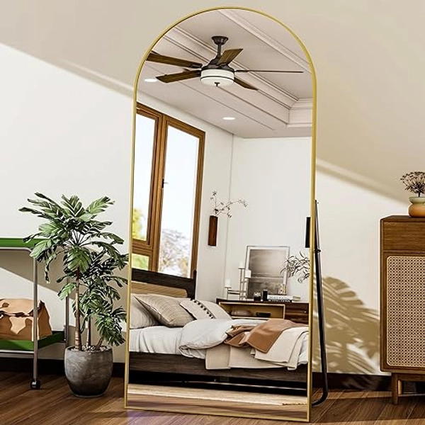 HARRITPURE 76"x34" Arched Full Length Mirror Free Standing Leaning Mirror Hanging Mounted Mirror Aluminum Frame Modern Simple Home Decor for Living Room Bedroom Cloakroom, Gold - Gold - 76"L x 34"W