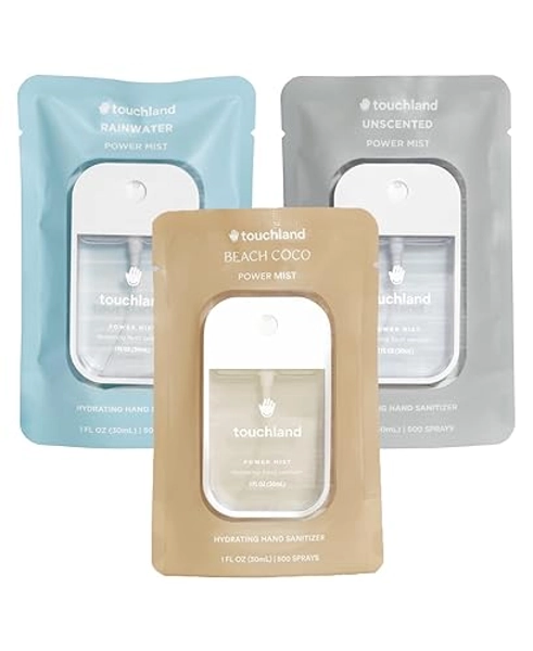 Touchland Power Mist Hydrating Hand Sanitizer Spray, DYE FREE 3-PACK (Rainwater, Unscented, Beach Coco), 500-Sprays each, 1Fl Oz Travel Size (Set of 3) - Dye Free 3-Pack