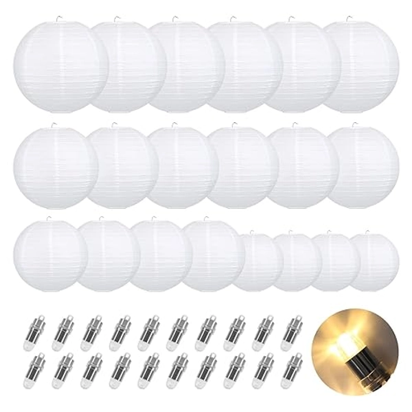 Encham 20 Stück Papierlaterne Weiß Lampions mit 20X Warmweiß Mini LED-Ballons Lichter rund Lampenschirm Hochzeitsdeko Party Geburtstage Gartenparty Deko - 20x Laterne mit Warmweiß LED