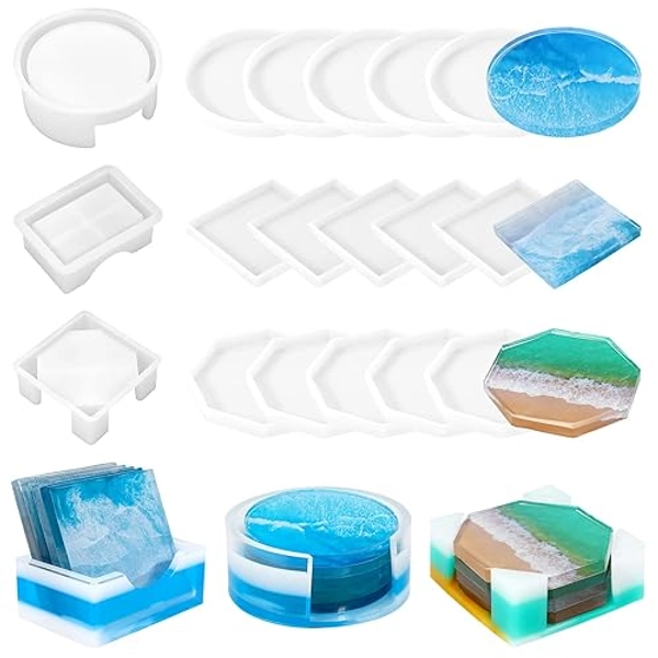 KISREL 18 Pieces Resin Coaster Molds, Coaster Molds for Epoxy Resin, Coaster Resin Mold with Storage Box Mold for DIY Art Craft Cup Mats - 18 PCS