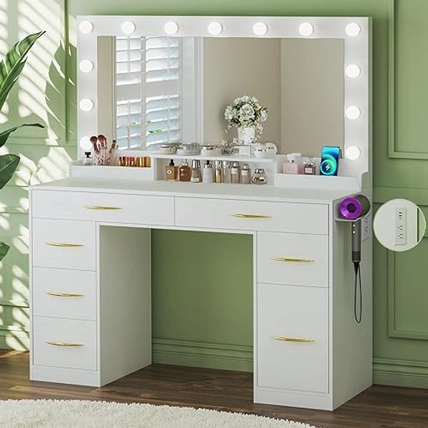 HUAHUU Makeup Vanity Desk with Lights, Vanity Desk with Large Mirror, White Vanity with 6 Large Drawers & 1 Cabinet & Power Outlet, 3 Lighting Color Adjustable, Bedroom - Classic White