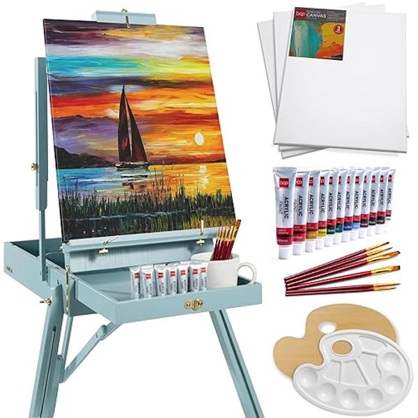 Best Choice Products French Easel, 32pc Beginners Kit Portable Wooden Folding Adjustable Sketch Box Artist Tripod for Painting, Drawing w/Acrylic Paints, Brushes, Canvases, Palettes - Blue - Blue