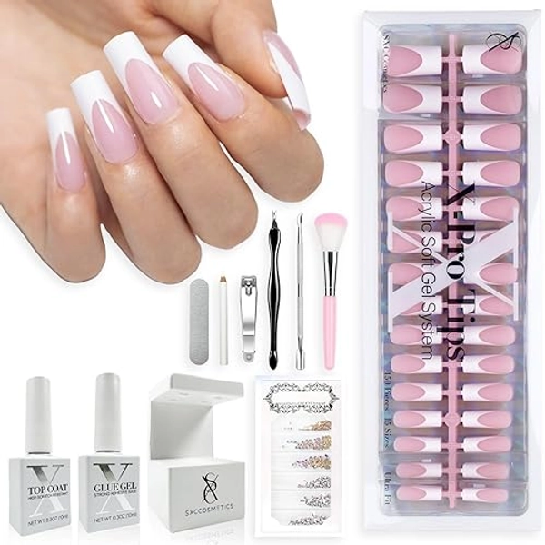 SXC Cosmetics French Tip Press On Nails Pink Series, Medium Square X-Pro Tips Starter Kit - P117KIT2-M Square