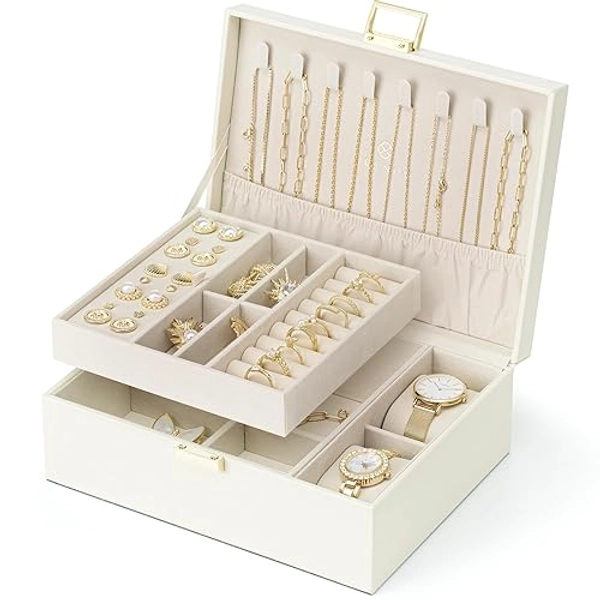 Vlando 2 Layer Jewelry Box Large Jewelry Organizer for Women Removable Jewelery Tray with Watch Pillow for Necklace Earrings Rings Bracelets Jewelry Boxes for Birthday Christmas Gifts (Cream White) - 01-Cream White-Watch Pillow