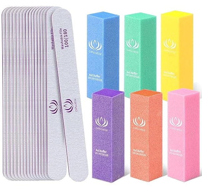 Nail Files and Buffers - Capularsh 16Pack Professional Manicure Tools Kit, 10Pcs 100/180 Grit Double Sided Nail Files for Acrylic Dip Nails, 6Pcs Four Sided 120 Grit Nail Buffer Block for Home Salon - 10pcs 100 180 Grit & 6pcs Buffer