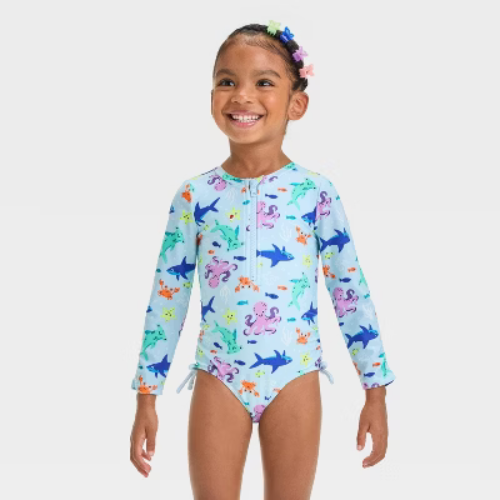 Toddler Girls' Long Sleeve Half Zip One Piece Rash Guard  - Cat & Jack™ Blue 4T