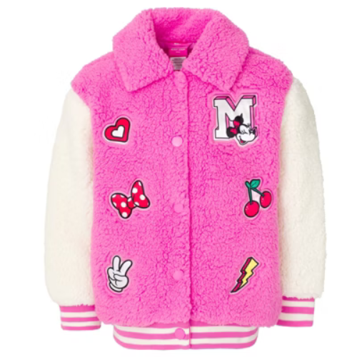 Disney Minnie Mouse Little Girls Varsity Faux Fur Faux Sherling Jacket Logo Pink 6