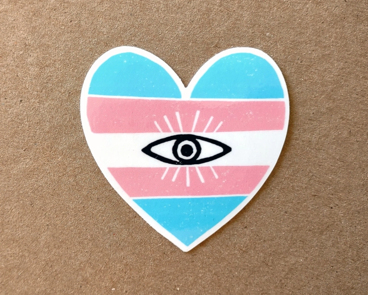 Transgender Pride Heart with Eye | 2.5" vinyl sticker | original linocut design