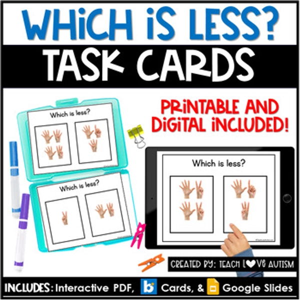 Which is Less? Objects | Math Printable Task Cards | Boom Cards