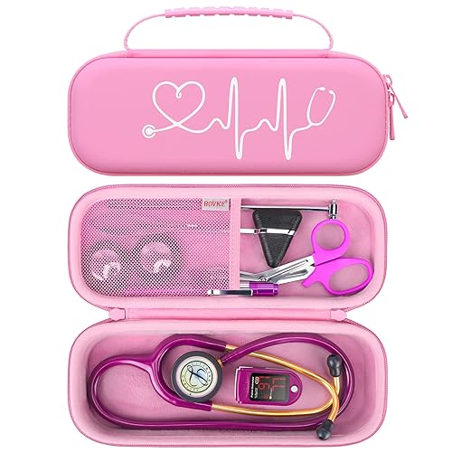BOVKE Travel Stethoscope Case for 3M Littmann Classic III, Lightweight II S.E, MDF Acoustica Lightweight Stethoscopes, Mesh Pocket for Pen Lights, Medical Scissors and Nurse Accessories, Pink - W_Pink
