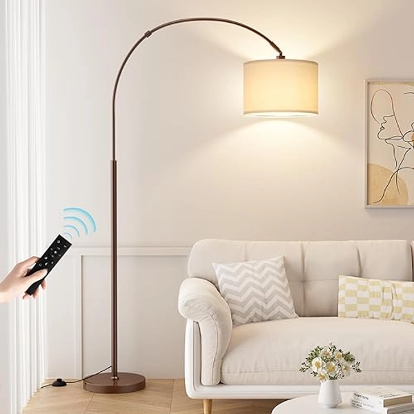 Ambimall Dimmable Arc Floor Lamp with Remote, Color Temperatures and Brightness Adjustable, Arched Floor Lamp with Rotating Head, Over Couch Arched Reading Light for Living Room (Deep Beige and Brown) - Deep Beige and Brown