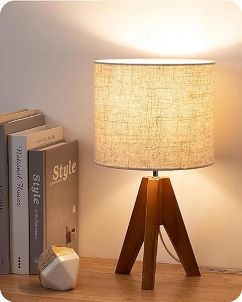 EDISHINE Tripod Table Lamp, Small Cute Bedside Lamp with Linen Beige Lampshade, Nightstand Lamp for Nursery, Bedroom, Kid Room, Living Room, Light Brown Wooden Base, E26 Socket, 14.2 Inch - Bohemian