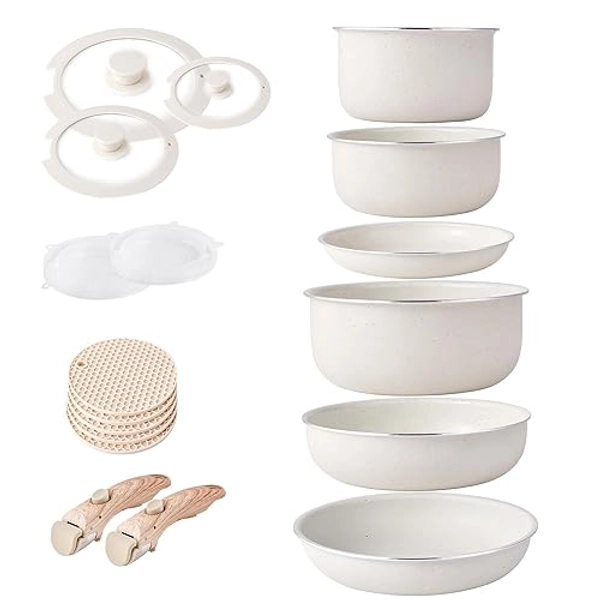 RIOVARM Induktion Töpfe und Pfannen Set mit abnehmbaren Griffen, Antihaft Granit Stapelbar Kochgeschirr-Set mit Silikon Deckeln, Platzsparend Topf- & Pfannensets ohne PFOA, Bratpfanne, Casseroles - 6-Beige