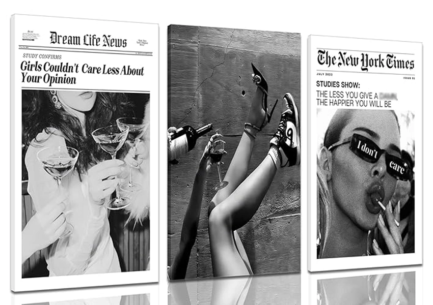 Trendy The New York Times Wall Art 12x16in Framed, Black and White Elegant Urban Feminist Canvas Posters, Retro Trendy Cocktail Girly Posters Bar Cart Newspaper Living Room Wall Decor Set of 3 - Black and white - 12x16 in