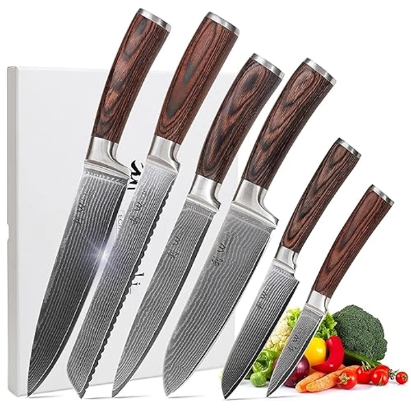 Wakoli Damascus Kitchen Knife Set, 6 Pieces Professional Chef Knife Set made from 67 Layers of Damascus Steel with VG10 Core, Knives Set for Kitchen with Pakkawood Handles in Gift Box (EDIB 6-pcs) - 6pcs-Damascus Kitchen Knife Set