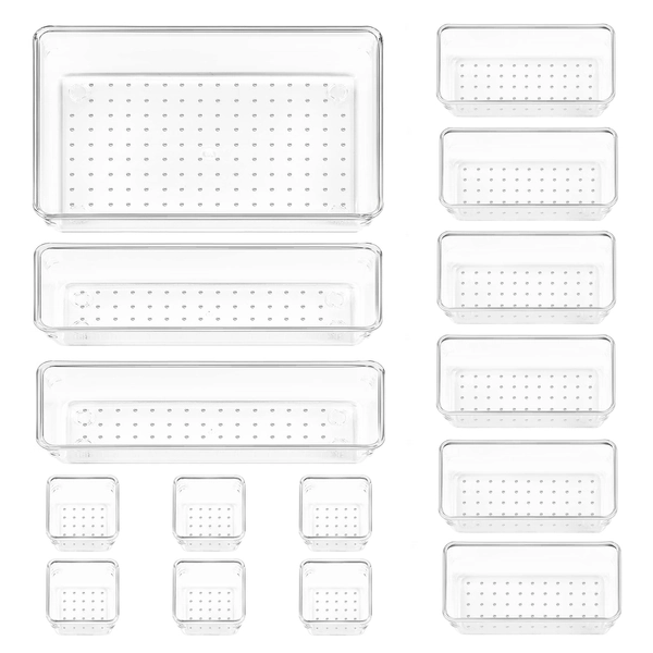 15 PCS Clear Plastic Drawer Organizers, Versatile 4-Size Set for Bathroom, Vanity, Bedroom, Kitchen, and Office Storage