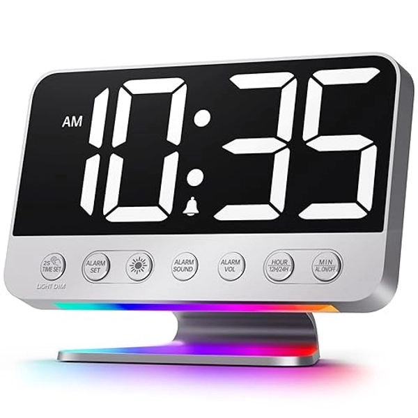 Odokee Digital Alarm Clocks for Bedrooms: Large Bold Number 5 Brightness Dimmer - Easy to Read Across The Room - 5 Alarm Sound 8 Night Light - Silver - Silver - White Digits