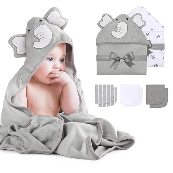 Momcozy Baby Hooded Towel, 8-Piece Bath for Boys or Girls, Washcloth Set with Cute Design, Shower Towel Gift for Newborns, Infants and Toddlers - Gray