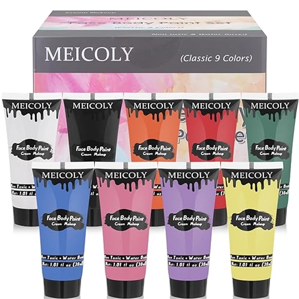 MEICOLY 9 Colors Face Body Paint Set,1.01x9oz/Box,Kids Adults Water Based Washable Face Paint Kit,Safe Cream Body Paint for Skin,Face Painting Kit for Halloween SFX Cosplay Makeup Stage Performance - 9 colors face body paint set