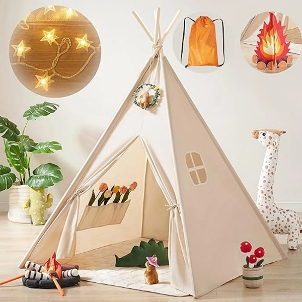 Tiny Land Kids-Teepee-Tent with Lights & Campfire Toy & Carry Case, Natural Cotton Canvas Toddler Tent - Washable Foldable Teepee Tent for Kids Indoor Tent, Outdoor Play Tent for Girls & Boys - Off-white Kids Teepee