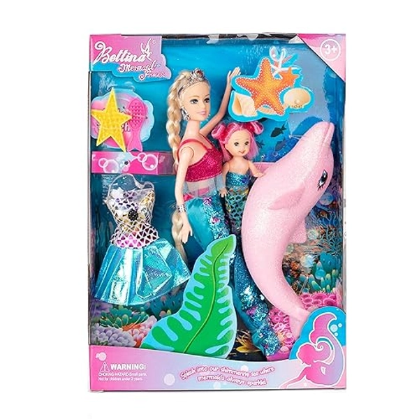 Mermaid Princess Doll with Little Mermaid and Pink Dolphin Playset, Blonde Hair Mermaid Dolls Toys with Accessories, Gift for 3 to 7 Year Old Girls - Dolphin Mermaids Set