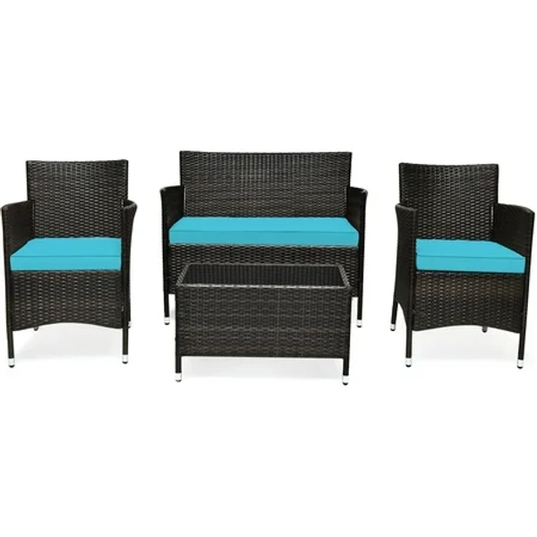 Patiojoy 4PCS Patio Rattan Wicker Furniture Set Sofa Chair Table Set w Turquoise Cushions