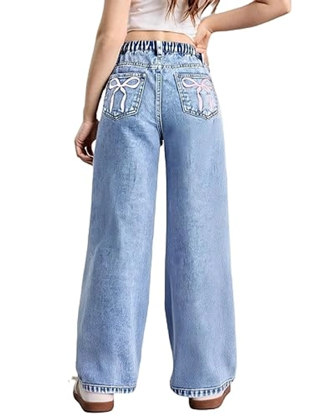 WDIRARA Girl's Bow Print Back Zipper Fly Elastic High Waist Denim Pants Basic Wide Leg Jeans - 10 Years - Blue