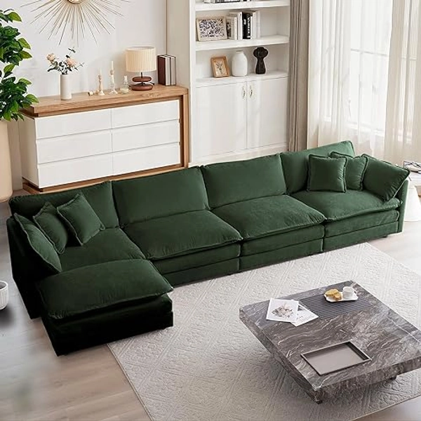 mikibama Modular Sectional Sofa, 146.5 Inch L Shaped Couch Set for Living Room, 4-Seater Comfy Cloud Couches with Movable Ottoman, DIY Combination, Chenille, Evergreen - 146.5 Inch- L - Evergreen