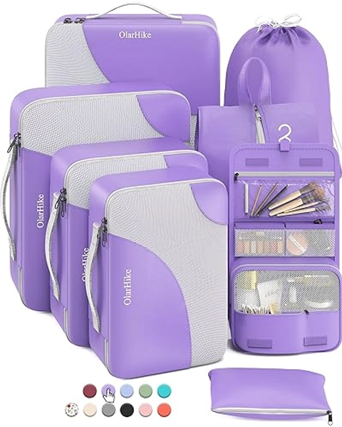 OlarHike 8 Set Packing Cubes for Travel, Sturdy Suitcase Organizer in 4 Sizes (Extra Large, Large, Medium, Small), Luggage Cubes with Toiletry Bag, Essentials Cruise Ship Gifts for Women（Purple） - 8 set - Purple - 8 set (Short-Term Trip)