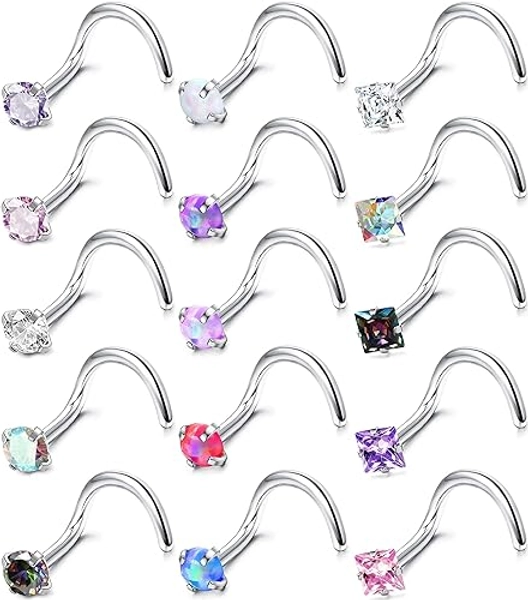 MILACOLATO Hypoallergenic Nose Rings 15Pcs 18G 20G Surgical Stainless Steel Nose Rings Studs L Shaped Screw Studs Rings Cubic Zirconia Nose Ring Labret Lip Nose Piercing Jewelry for Women Men - Screw Shape/18G/Colorful Gemstone