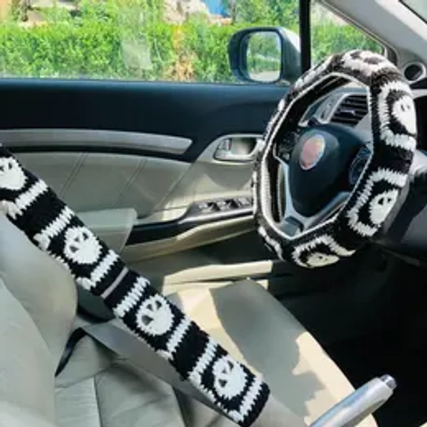 Car Steering Wheel Cover, Handmade Crochet Car Steering Wheel Protector & Seat Belt Cover, Car Interior Decoration Accessories