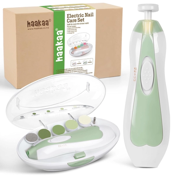 haakaa Baby Nail File Electric Baby Nail Care Set with LED Light, Baby Nail Clippers for Newborn/Infants/Adults Toes and Fingernails, 6 Replacement Heads & Storage Case, Green - Green
