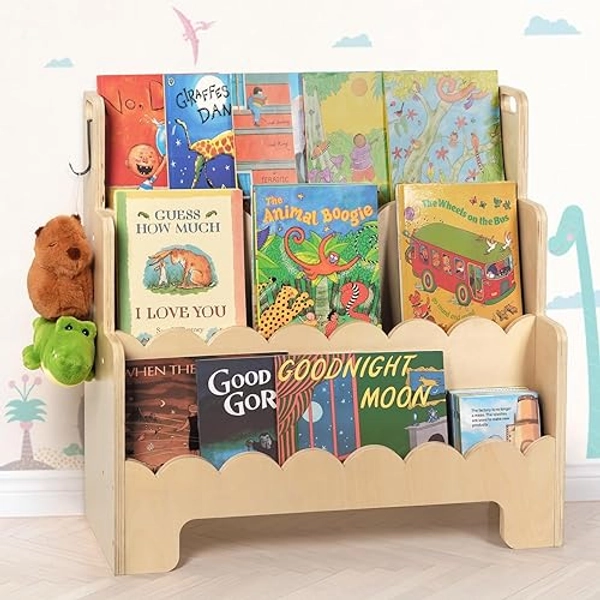 Tohiasen Kids Bookshelf Wooden 3-Tier, Scalloped Book Shelf for Kids Rooms, Front Facing Toddler Montessori Bookshelf, Baby Nursery Book Shelves Kids Classroom Bookshelf Bookcase - Wood