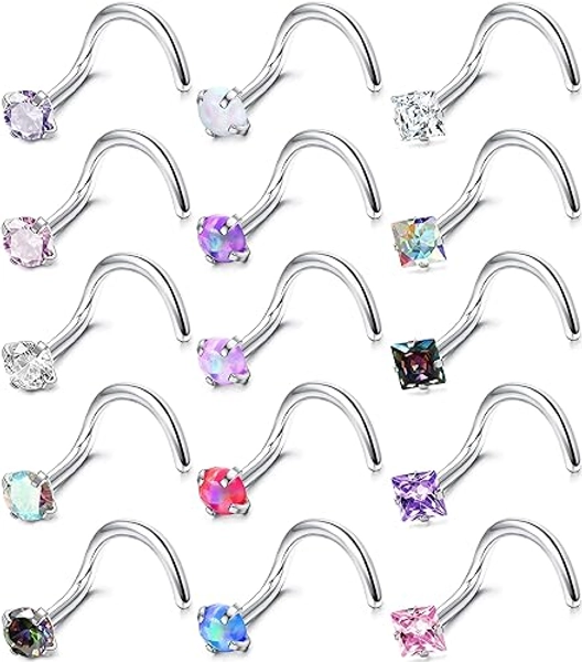 MILACOLATO Hypoallergenic Nose Rings 15Pcs 18G 20G Surgical Stainless Steel Nose Rings Studs L Shaped Screw Studs Rings Cubic Zirconia Nose Ring Labret Lip Nose Piercing Jewelry for Women Men - Screw Shape/20G/Colorful Gemstone